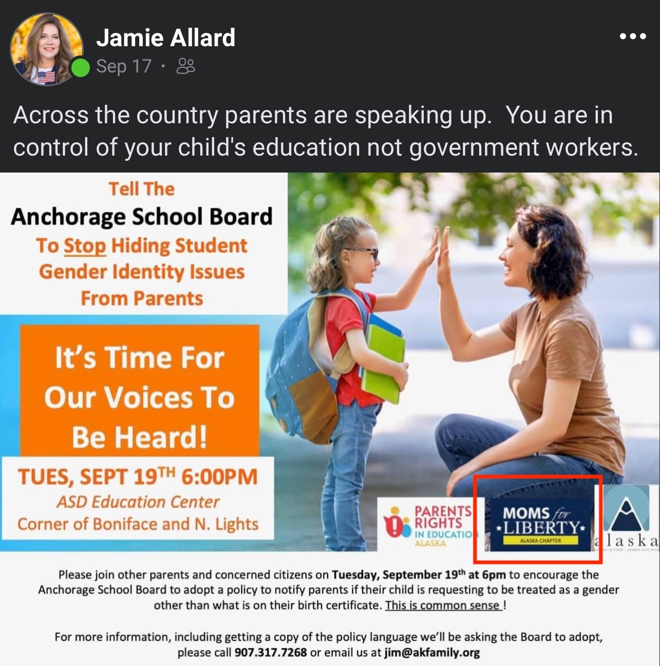 Alaska state House Rep. Jamie Allard came out in support of Moms for Liberty last week.